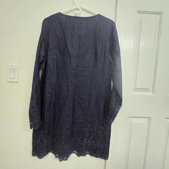NWT Malvin 100%Linen DarkNavy Long Sleeve Shift Tunic Dress V-neck Embroidered L - Picture 8 of 9